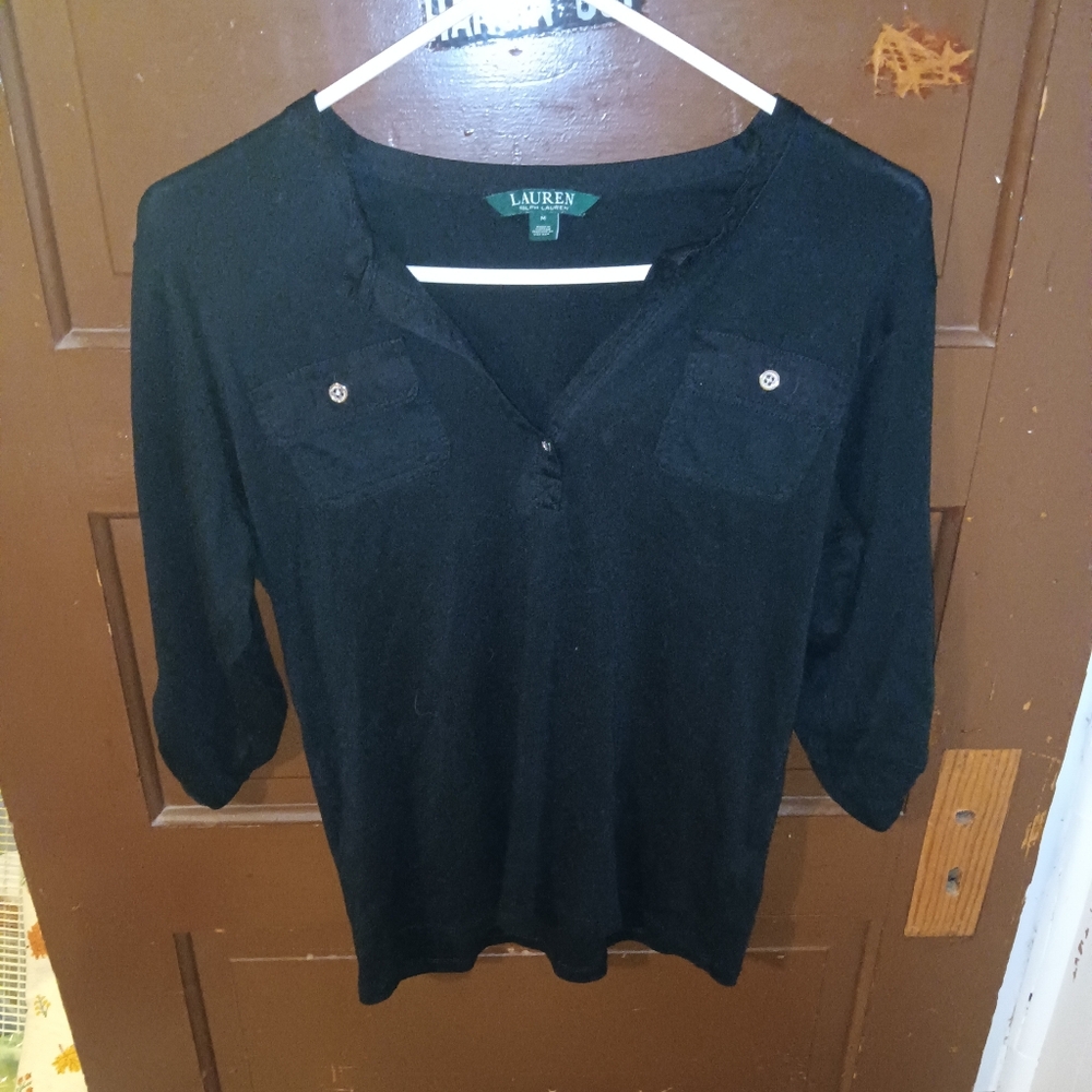 EUC Lauren Ralph Lauren 3/4 Sleeve Black Blouse M